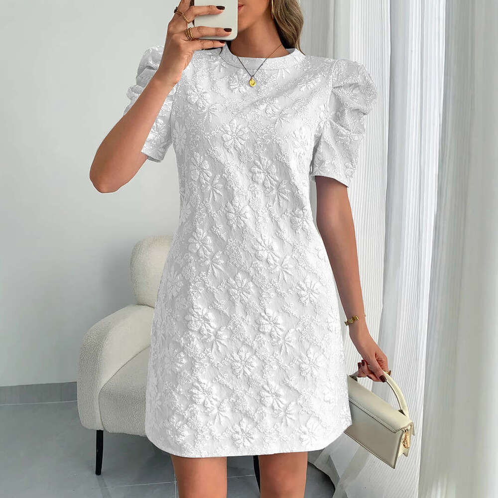 New Women's Ruffle Sleeve Texture Jacquard Collar color lace-up leaf Retro Style Dress Summer daisy relief dress slim fit skirt short sleeved wom