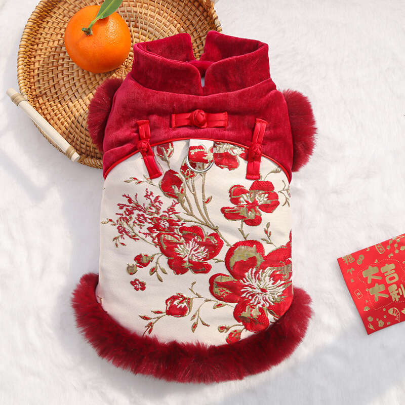 New Chinese Style Floral Prosperity Pet Fleece Dog Cat Autumn Winter Clothes Accessories Bichon Foreign Trade Wholesale