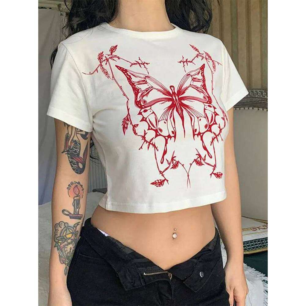 Vintage Fairy Grunge Butterfly Print Short Sleeve O-Neck Crop Top Punk Harajuku E-Girl Tee Y2k 90S Women's Fashion T-Shirt