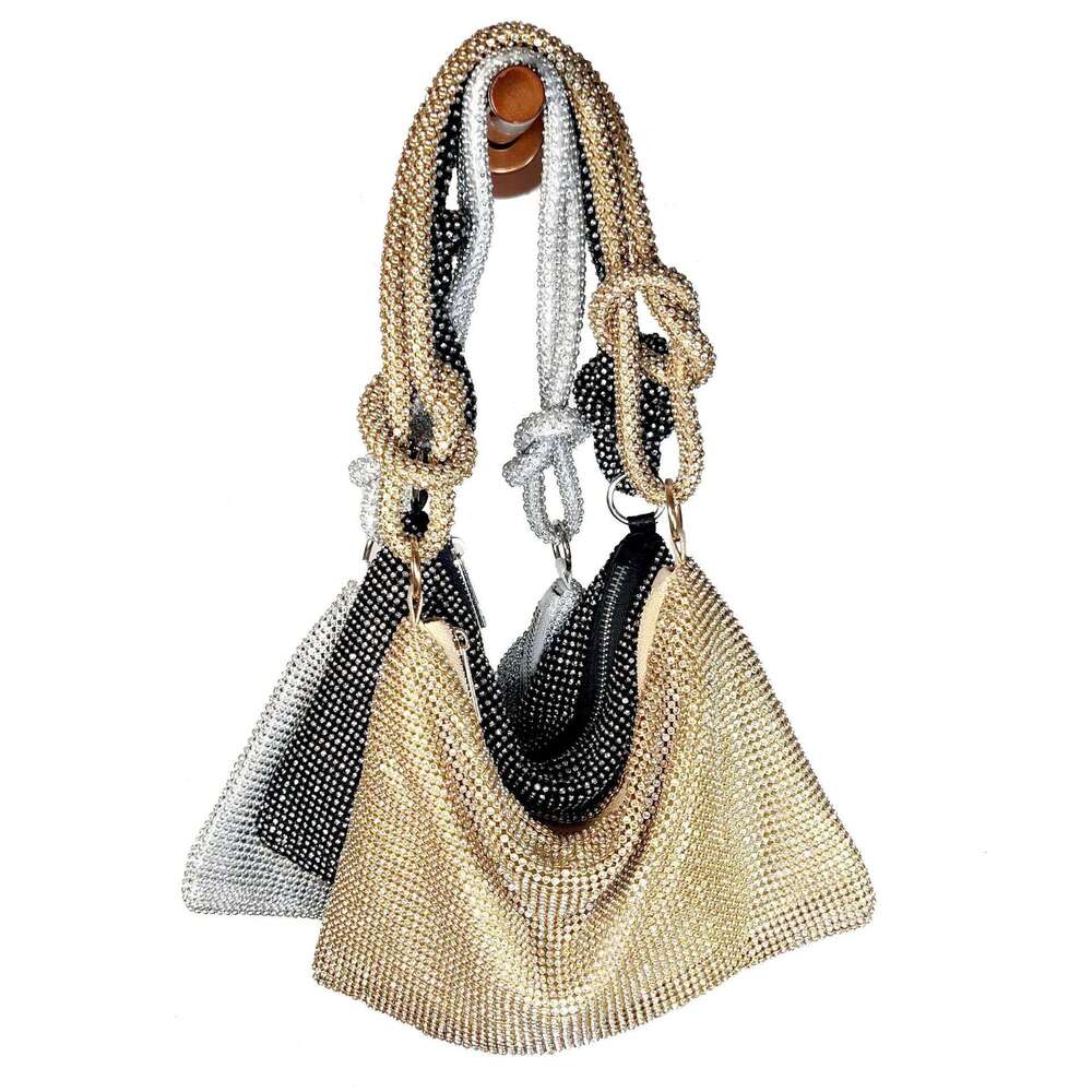 In Stock Aluminum Sheet Inlaid Full Diamond Trendy Sparkling Knot Rhinestone Handmade Underarm Banquet Evening Bag