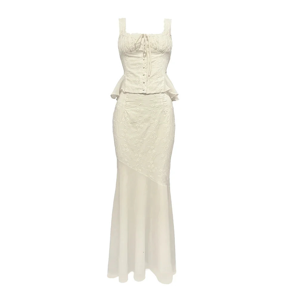 Minigmingxi in Summer 2 Piece Dress Set Elegant and Beautiful Dresses Set Beige Long Matching Set Sexy Mermaid Skirt 260208