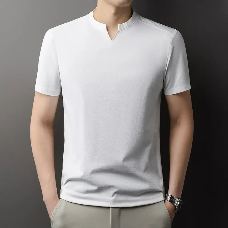Korean Mens Casual and Fashionable Small V-neck Solid Color Short Sleeved T-shirt Comfortable Summer Versatile Top 260207