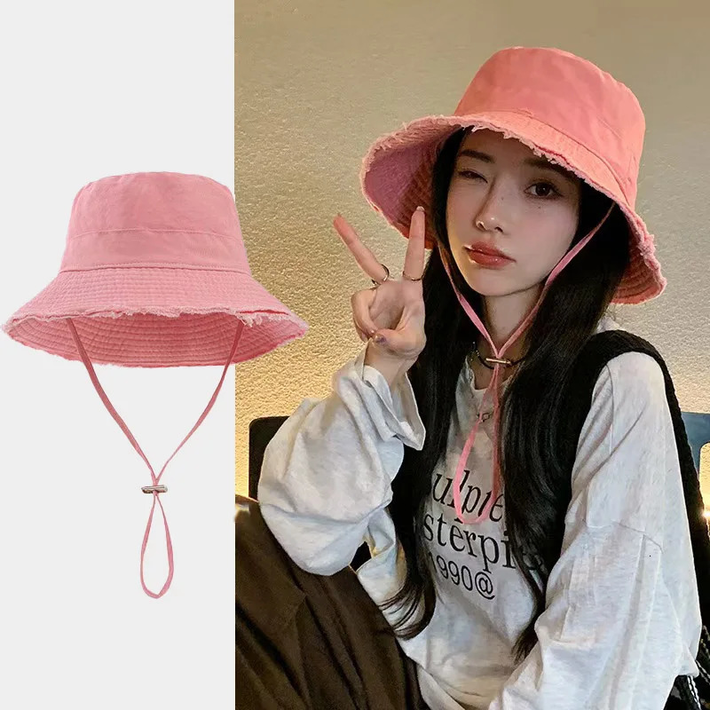 Summer Fisherman Cap for Women Korean Pink LargeBrimmed Bucket Hat Outdoor Beach Travel Sunshade Panama Hats 260206