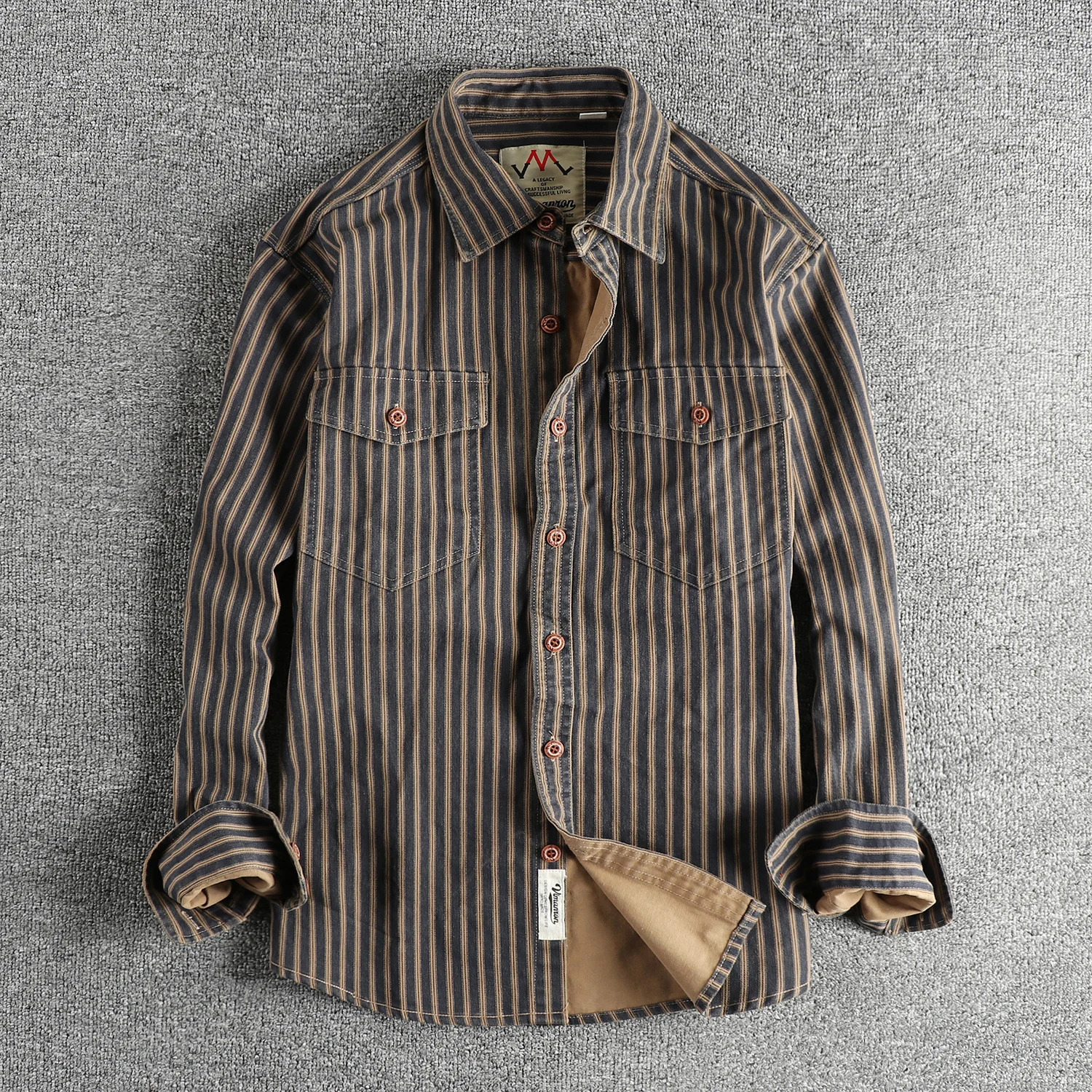 Autumn And Winter American Retro Stripe Long-Sleeve Lapel Shirt Mens Simple Fashion Washed Multi-pocket Casual Blouses 260208
