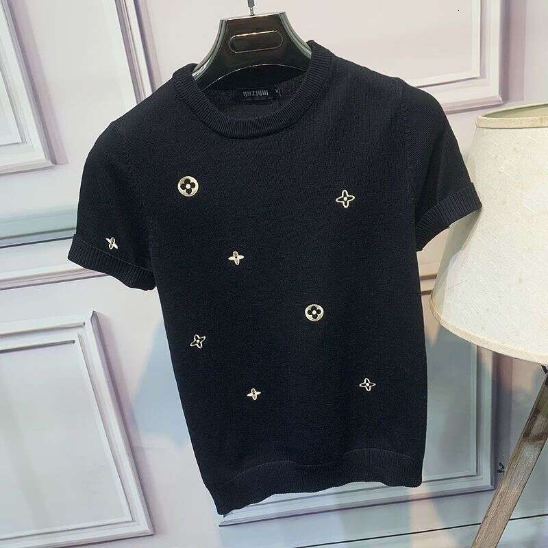 Autumn Winter New Short Round Neck Rhinestone Sweater Fashion Trend T-Shirt Slim Fit Knitted Men's Half Sleeve Base Shirt