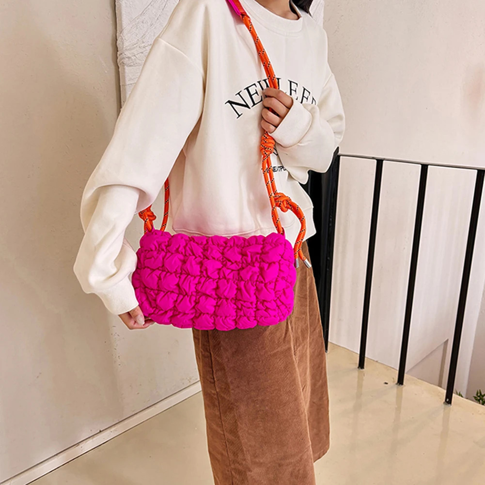 Women Padded Crossbody Bag with Braided Rope Strap Puffer Satchel Zipper Clre Quilted Nylon Daily for Female 260208