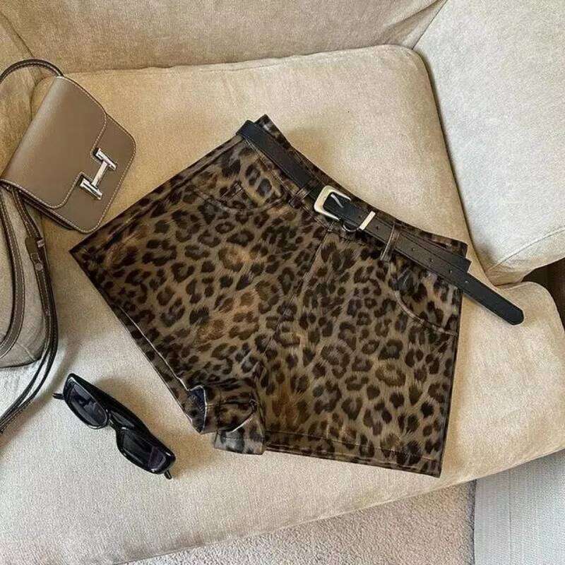 Sexy Leopard Print PU Women Black High Waist Leather Shorts with Belt H260209