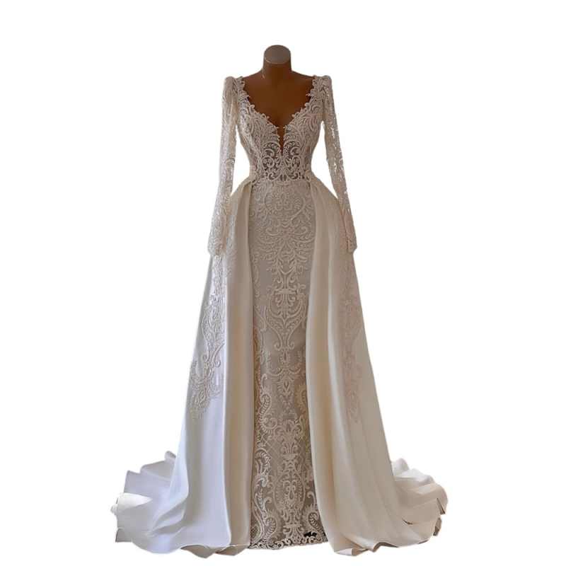 Luxury V Neck Mermaid Wedding Dress Elegant Lace Long Sleeve Bridal Gown Detachable Train Bride Dresses Customized