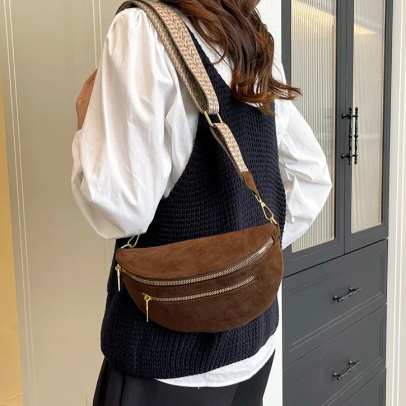 2026 Winter Faux Suede Chest Bag Woman Waist Street Trend Fanny Pack Casual travel Female Shoulder Crossbody Phone Purse 260208