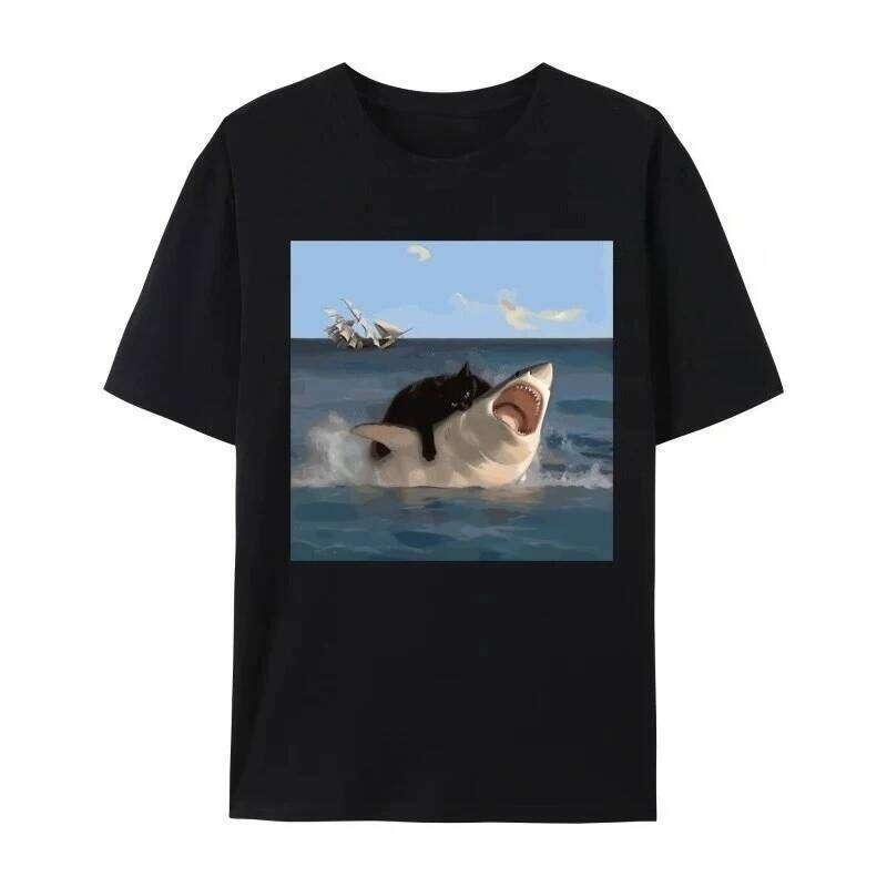 Bites Art Lovers Fun Cat and Shark Print Shirts Plain Tops Hip Hop T-shirts Women Clothing Fashion X260209