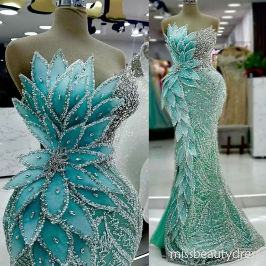 Plus Size ASO EBI Mermaid Prom Dresses Crystals Florals Sequined Evening Formal Party Gowns Luxurious robe gala de bal 4F09