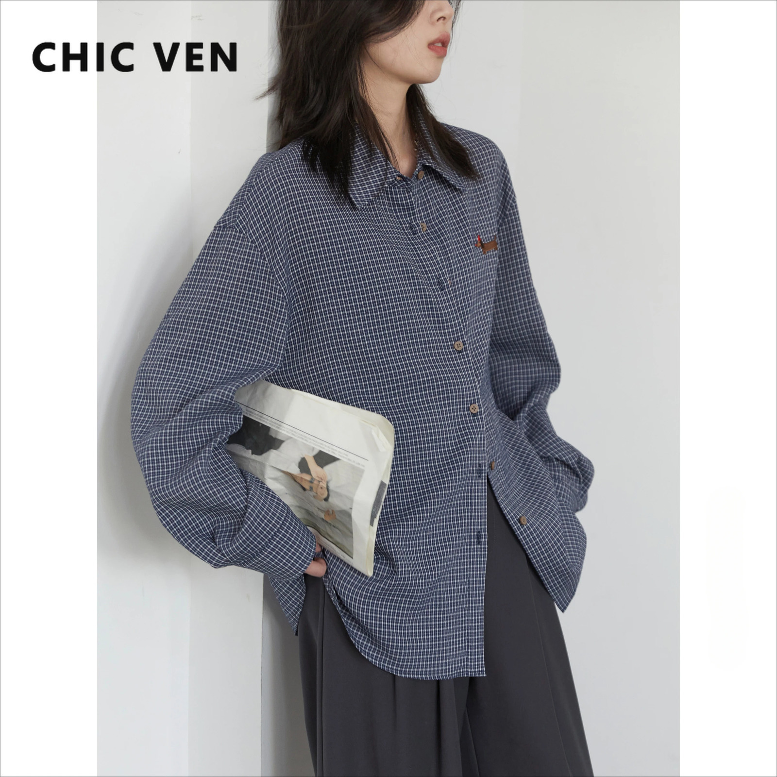 CHIC VEN Women Shirt Long Sleeve Single Breasted Loose Casual Embroidered Plaid Blouses Retro Female Top Spring Summer 260207