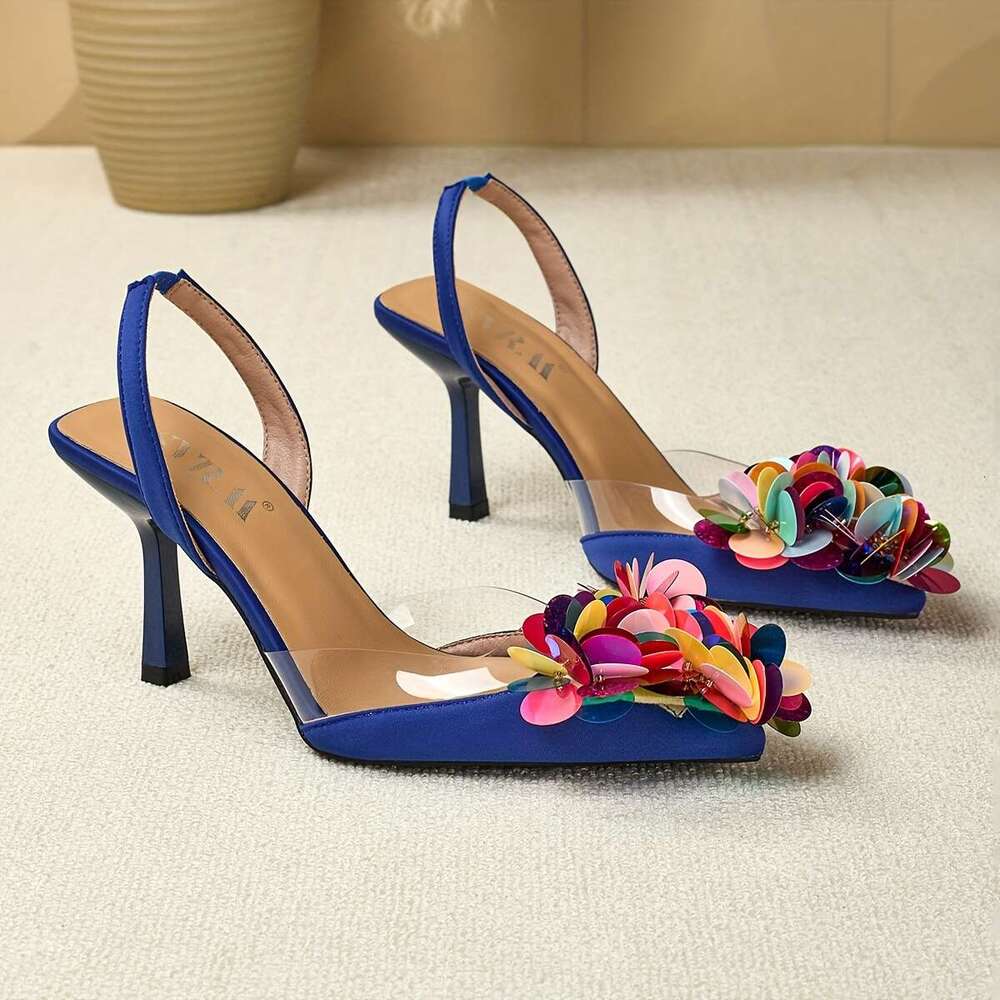 Ladies Fashionable Pointed Toe Open Back Ultra High Heeled Sandals Adorned With Sequined Design At The Toe Perfect For Parties Banquets Weddings And O