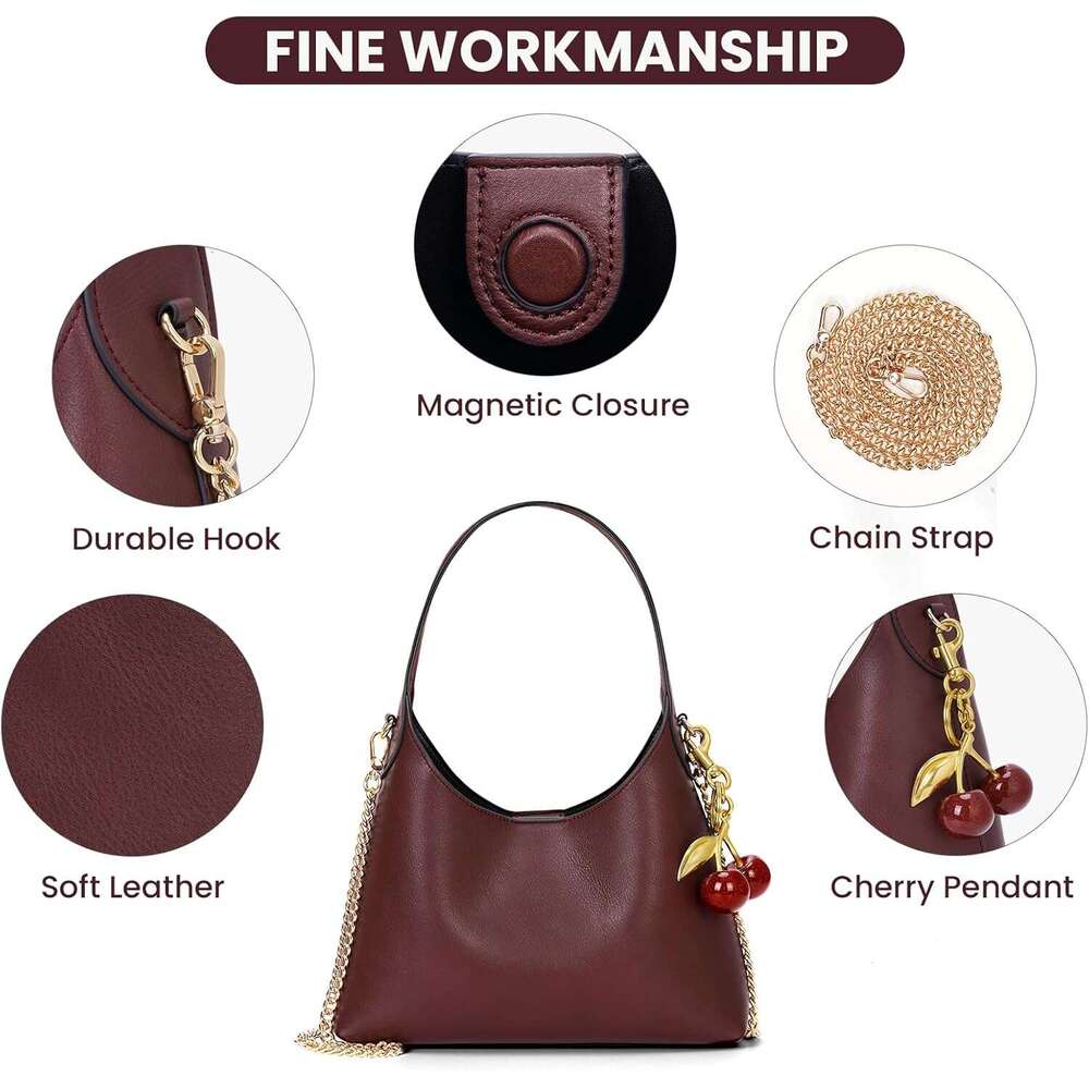 Small Hobo Bags For Women Cherry Shoulder Purse Faux Leather Tote Handbag Trendy Chain Crossbody Bag