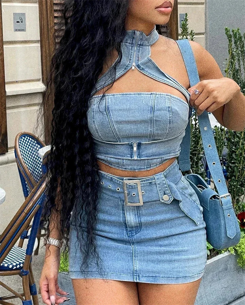 Sexy Denim Two Piece Set Women Y2K Clothes Zipper Halter Hollow Out Backless Crop Top and Mini Skirt Club Party Matching Sets 250203