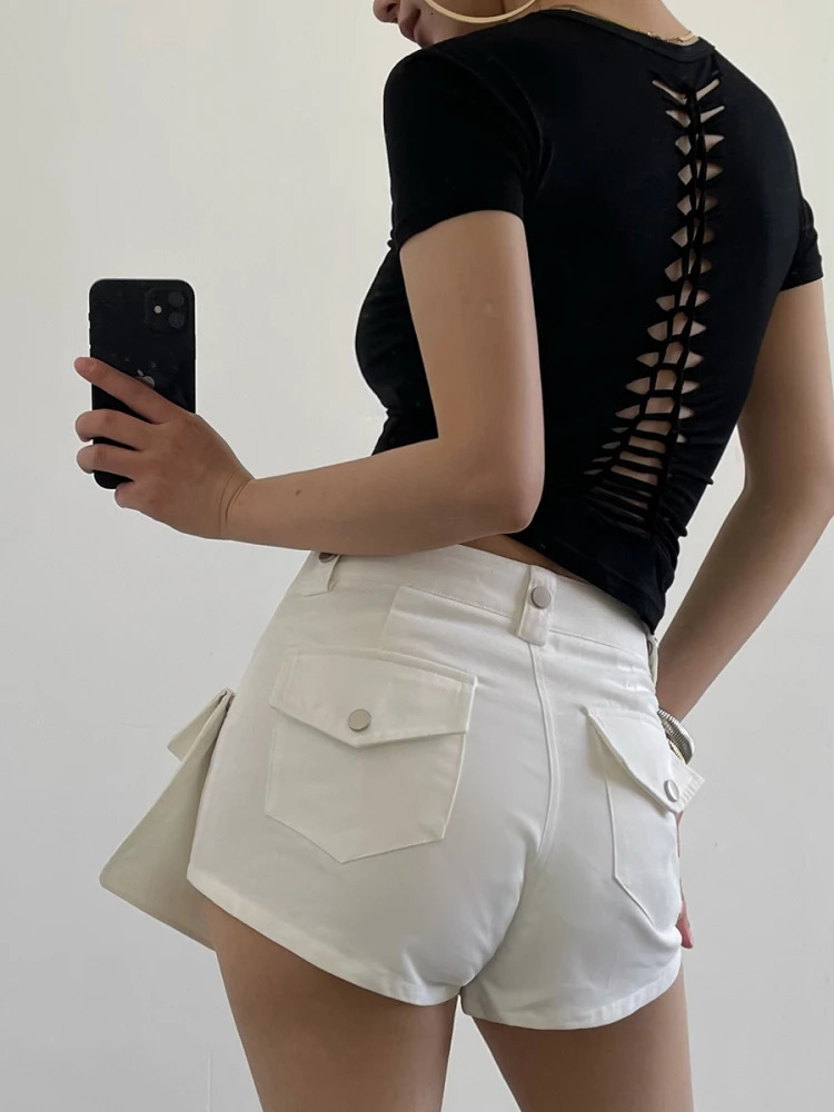 Yedinas Back Hollow Out Solid Womens T-shirt Korean Fashion Short Sleeve Slim Streetwear Summer Tops Soft Tees Female Clothing 260120
