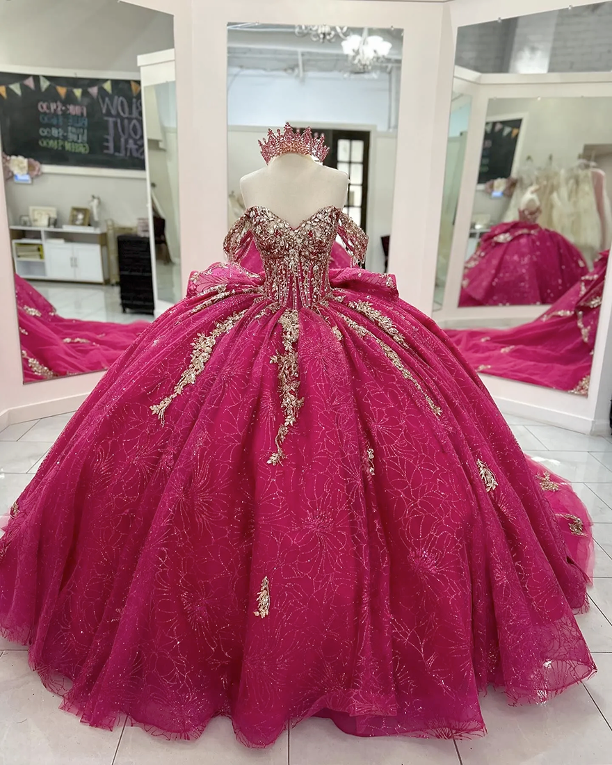 Stunning Crystals Ball Gown Quinceanera Dresses Sequined Prom Gowns Appliqued Off The Shoulder Necke Tulle Sixteen Sweet 15 Masquerade Dress N6101