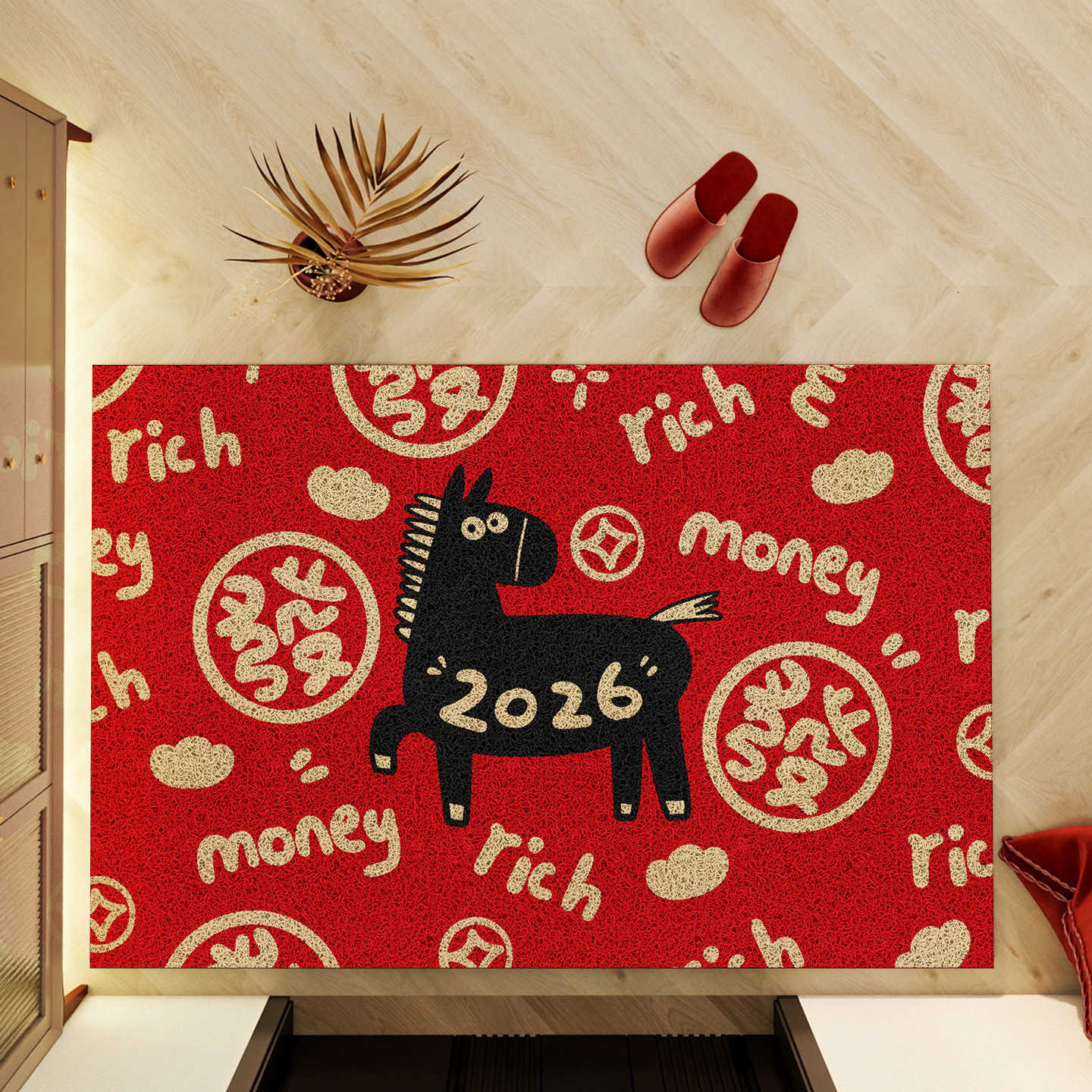 2026 Year of the Horse Entrance Door Mat Outdoor Doorway Entryway Floor Mat New Year Red Silk Loop Mat Dirt-resistant Door Mat S260207