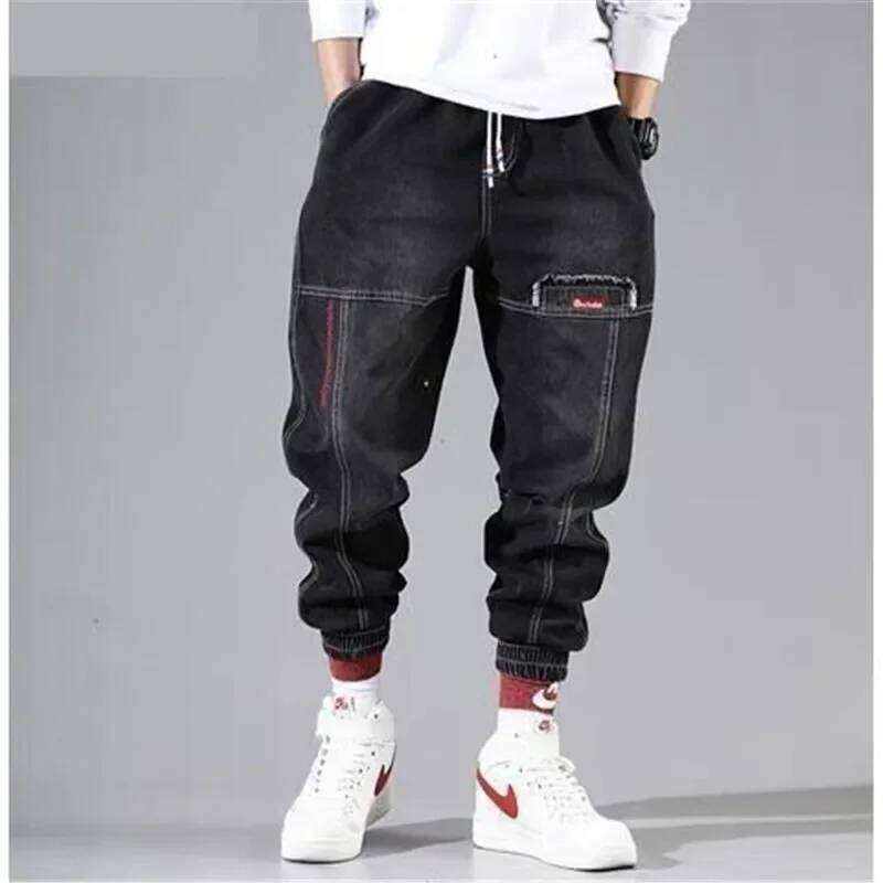 Plus Size 5XL Men's Baggy Harem Hip Hop Male Trousers Black Blue Cargo Jeans Man Fashion Streetwear Denim Jogger Pants