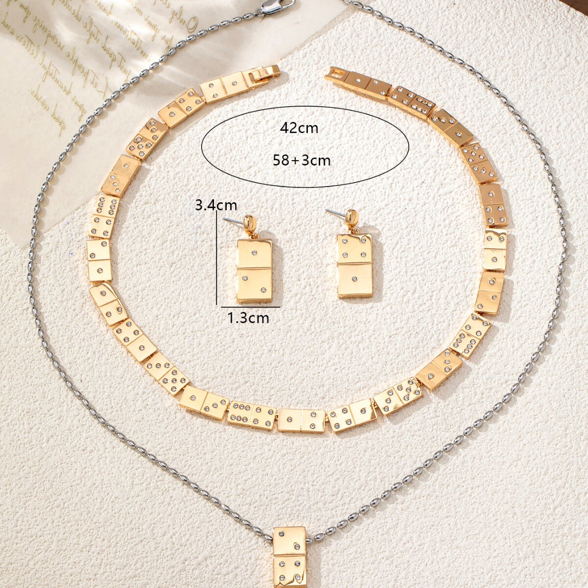 Fashion Retro French Style Hot-Selling Mahjong Block Inlaid Zircon Jewelry Set Versatile Trendy Necklace For Women