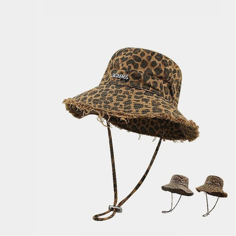 Ladies Bucket Hats Leopard Print Korean Retro Fashionable Personalized Raw Edge Bucket Hats Large Brim Outdoor Sports Sun Hats 260208
