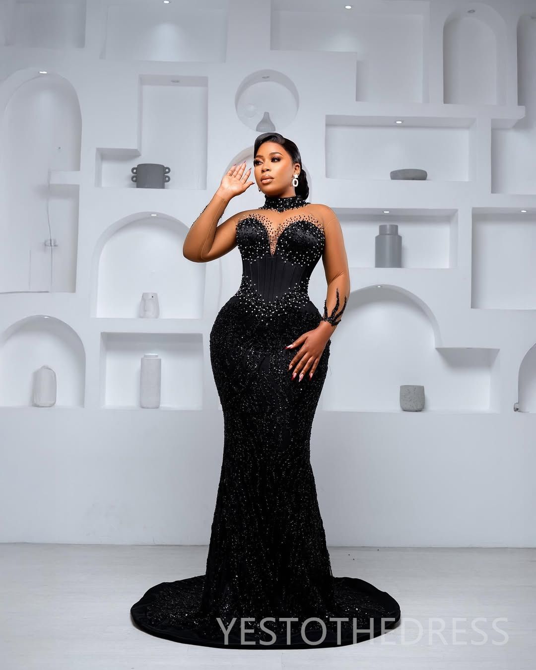 2026 Sexy Plus Size Black Evening Dresses African Prom Formal Gowns Beaded Sequined Lace High Neck Illusion Crystals Long Sleeves robe de soiree marie