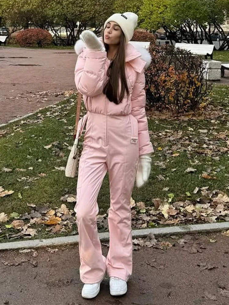 Pink Fur Collar Hooded Long Jumpsuit Women Casual Full Sleeves Stand Warm Slim Snowsuit 2026 Lady Chic Snowboard Outwear 260126