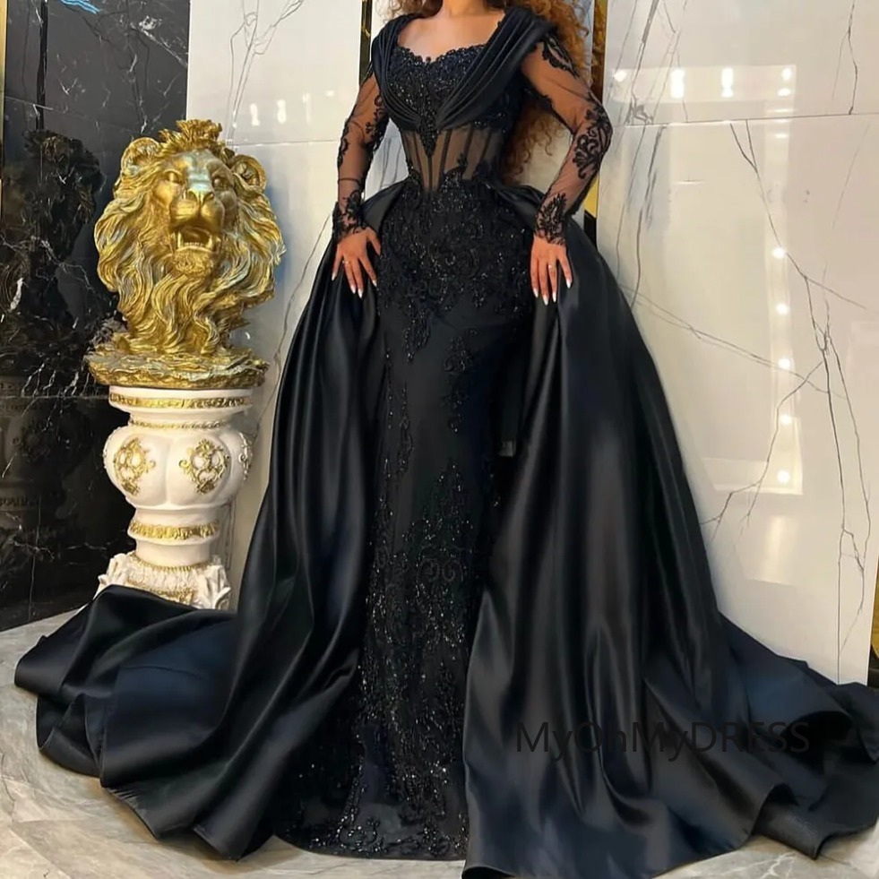 Mermaid Black Evening Dresses With Detachable Train Prom Gowns Lace Sequin Special Ocn Party Dress Long Sleeves robe de soiree mariee luxe 0209