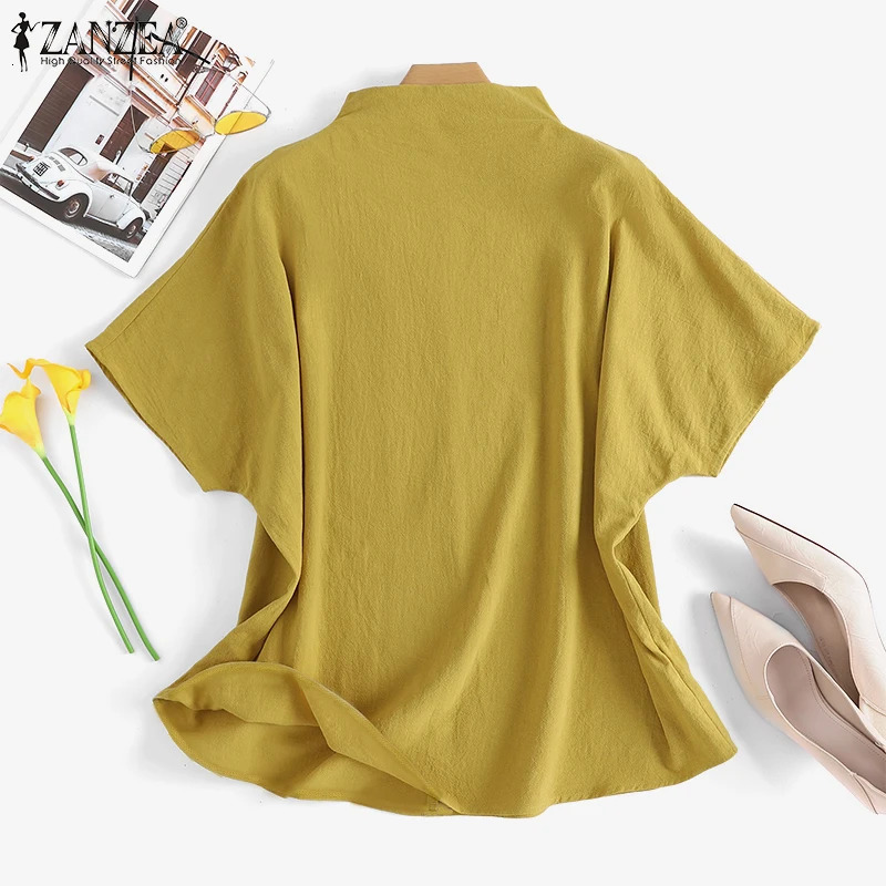 ZANZEA Causal Pure Cotton Blouse Summer Women Solid Turtleneck Short Sleeve Back Zipper Blusas Elegant Holiday Tops Oversized 260207