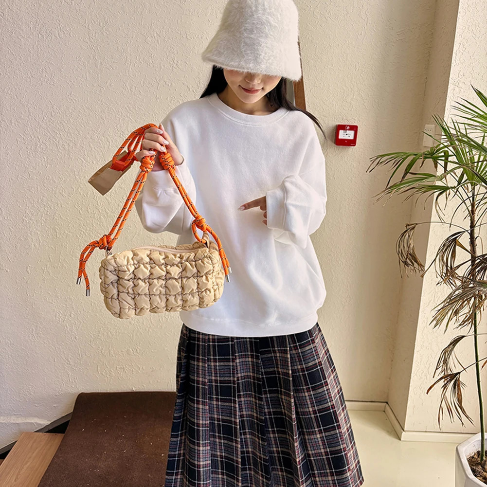 Women Padded Crossbody Bag with Braided Rope Strap Puffer Satchel Zipper Clre Quilted Nylon Daily for Female 260208