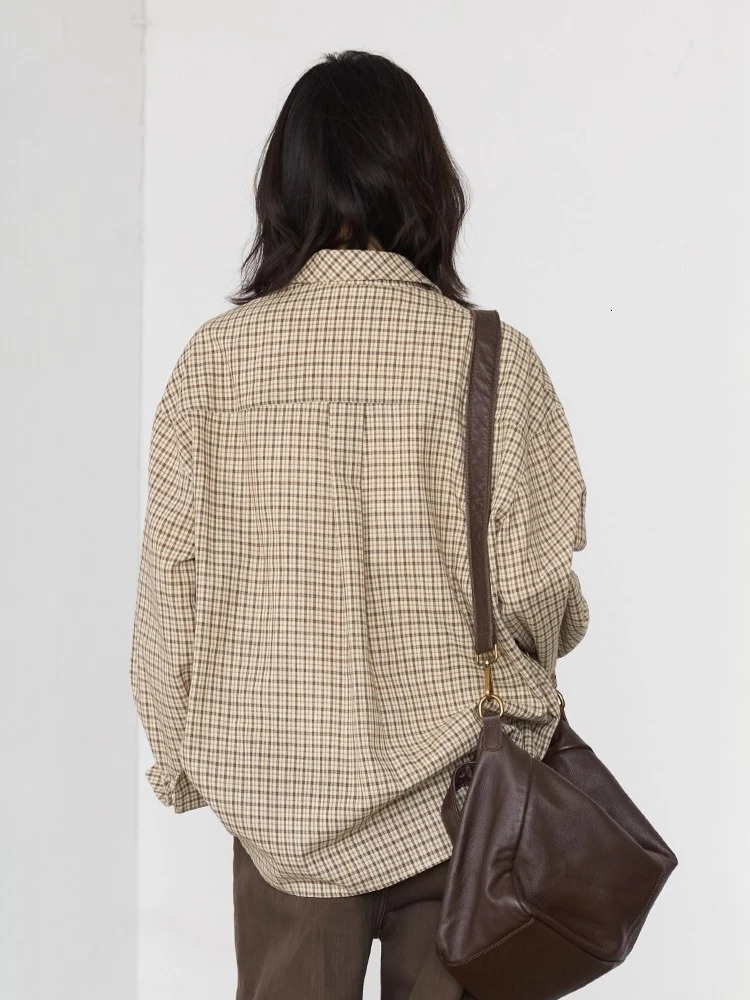 CHIC VEN Women Shirt Loose Casual Single-breasted Retro Contrast Plaid Embroidered Blouses Female Top Autumn Winter 260207