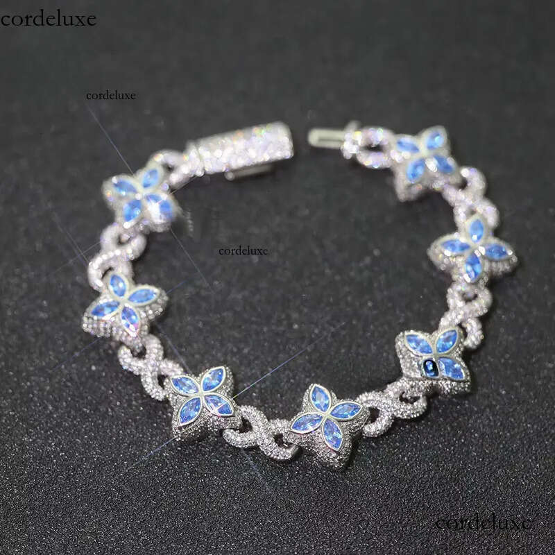 New Style 8mm Hip-Hop Jewelry Colorful Four Leaf Clover Sier Plated Brass 5A Moissanite Cuban Chain Bracelet for Women 14