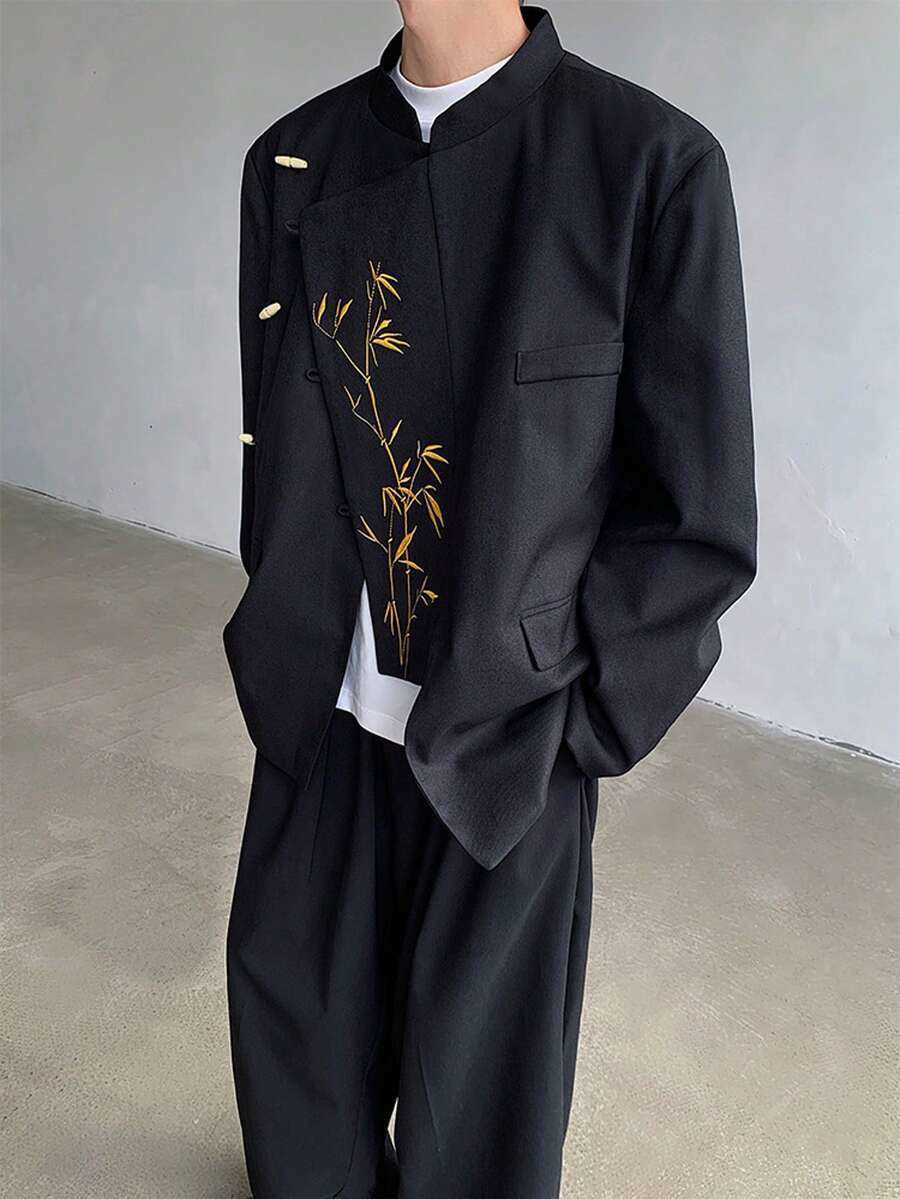 New Chinese Style Mens Black Gold Bamboo Embroidered Suit Jacket With Spring And Autumn High-End Fl Zhongshan Suit Jacket C260209