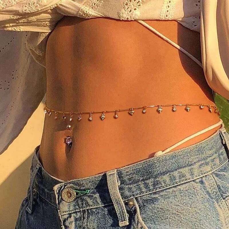 Sexy Metal Heart Pendant for Women Fashion Gold Color Shiny Zircon Tassel Waist Chain Bikini Body Jewelry Accessory X260209