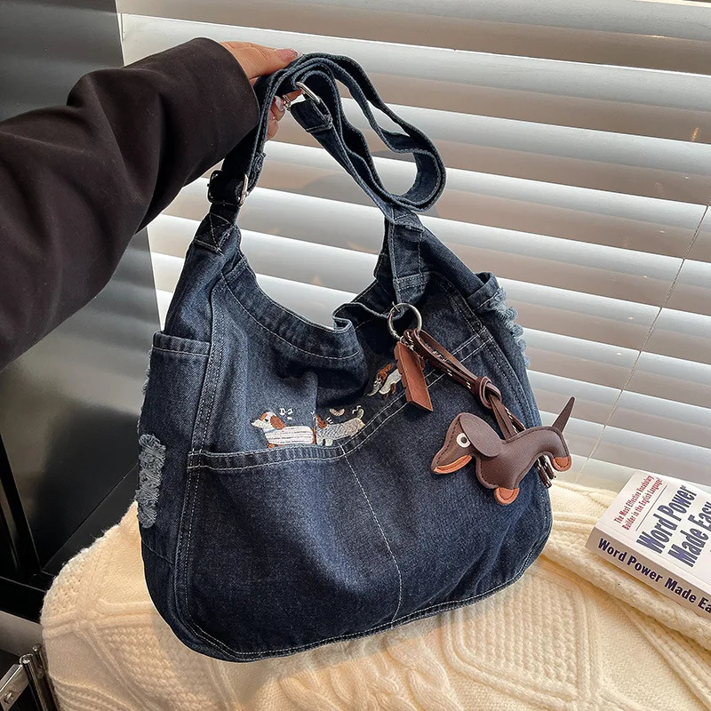 Spring Women Crossbody Bag Fashion Embroidery Denim Shoulder Casual Retro Pure Color Versatile Texture Commuting 260208