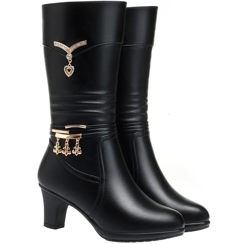 Women Comfortable Fleece Medium Boots Autumn Winter Style Thick Heel Side Zipper Pointed Fashion High Heels Elegant 260208