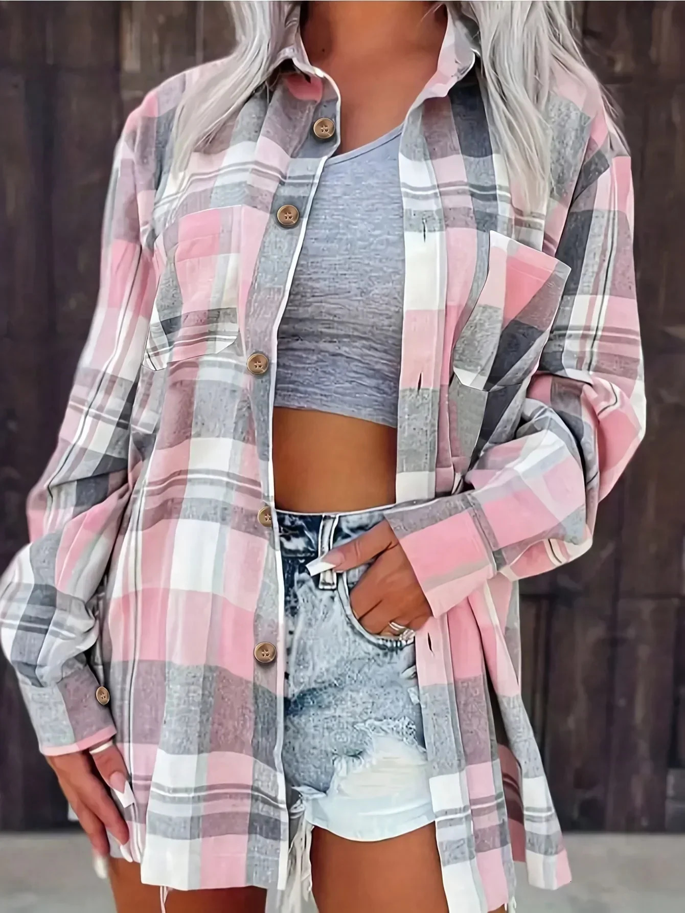 Women Plus Size Fashion Plaid Printed Shirt Casual Loose Long Sleeved Shirt Lapel Shirt Tops 260207