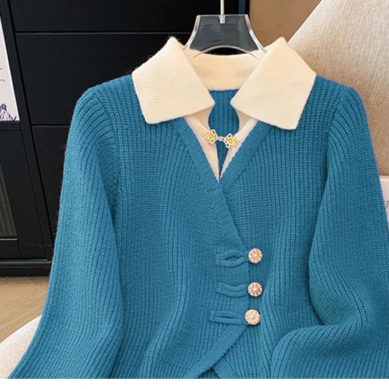 2025 Autumn Winter Splicing Slim Women Knitted Cardigan Sweater Jacket Fashion Two Items Loose Ladies Top 260122