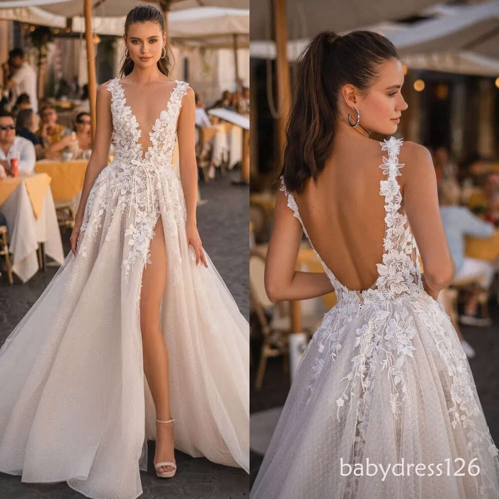 Berta A Line Dresses for Bride Illusion Plunging V Neck Wedding Dress Vestidos De Novia Thigh Slit Designer Bridal Gowns