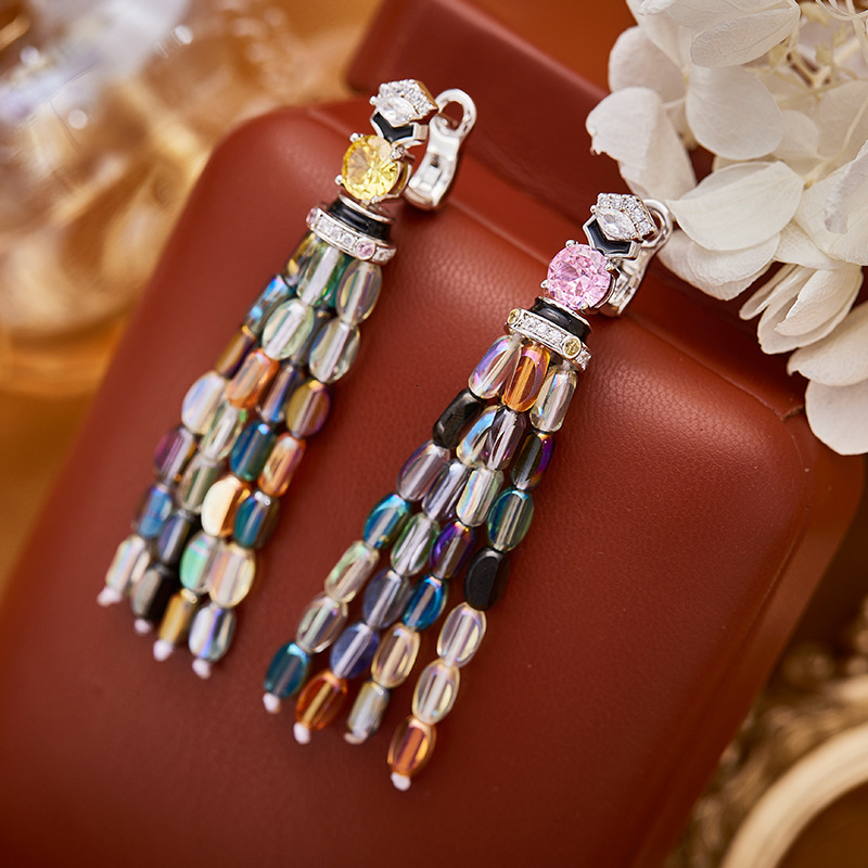Earrings Colorful Seed Bead Tassel Earrings, Gold-Plated Earrings, Celebrity-Inspired, Light Luxury Texture, Women's Evening Earrings