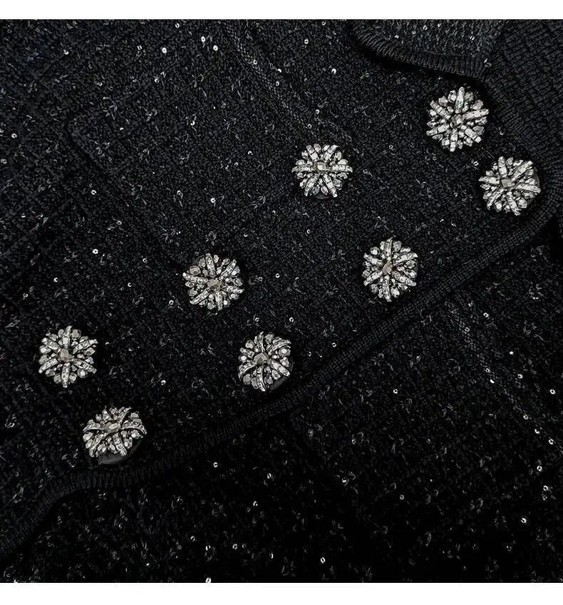 Autumn Double Breasted Diamonds Crystal Beading Knitted Cardigans Jackets Midi Long Pencil Skirts Women Two Piece Sets 260122