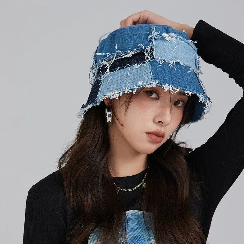 Japanese Niche Bucket Hat Showing Small Face Retro Beggar Style Splicing Contrasting Color Denim Basin Caps for Women 260208