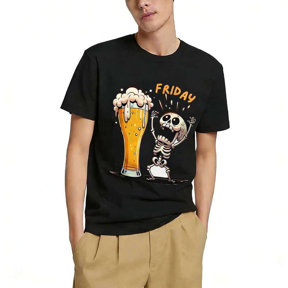 Funny Beer Skull Graphic T-Shirt Summer Casual Everyday Breathable Short Sleeve Tops Basic Simple Versatile Men's Crew Neck Tees X260209