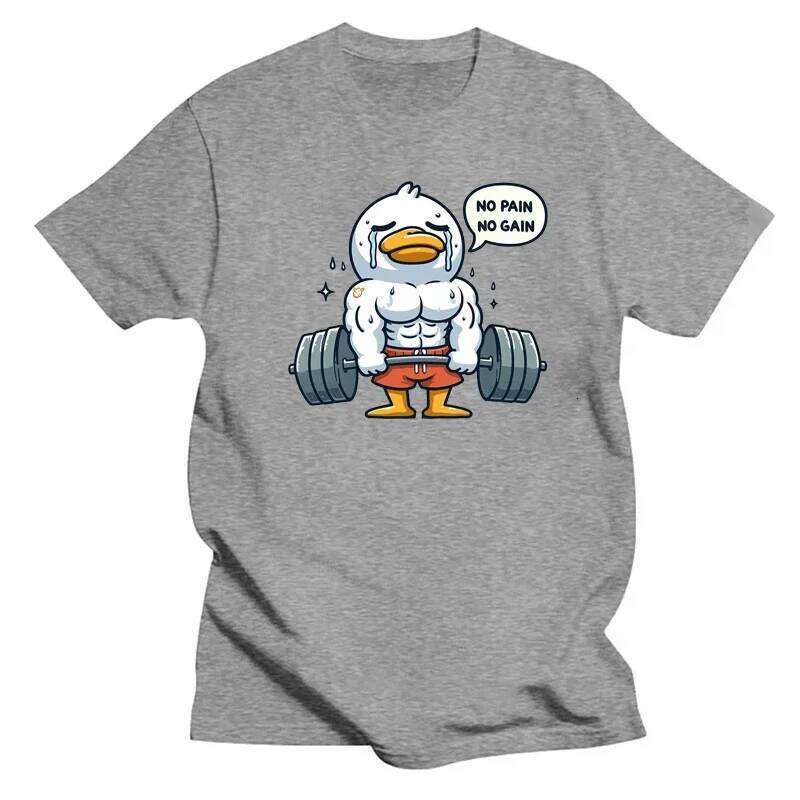 Cartoon Duck Weightlifting Pattern Printed Summer Men Casual Loose Neutral Fashion Y2k O-Neck Short Sleeve Top T Shirt X260209