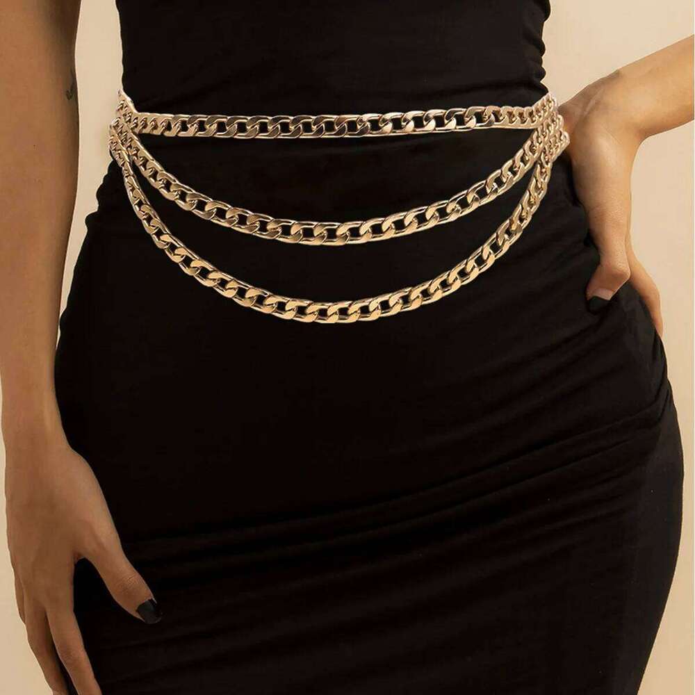 Women's fashion elastic spring waist multi-layer metal chain dress belt X260209