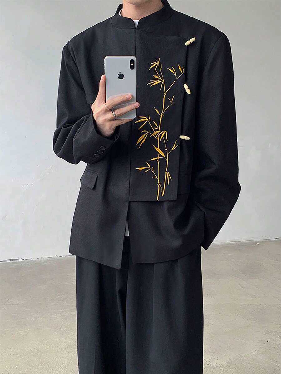 New Chinese Style Mens Black Gold Bamboo Embroidered Suit Jacket With Spring And Autumn High-End Fl Zhongshan Suit Jacket C260209