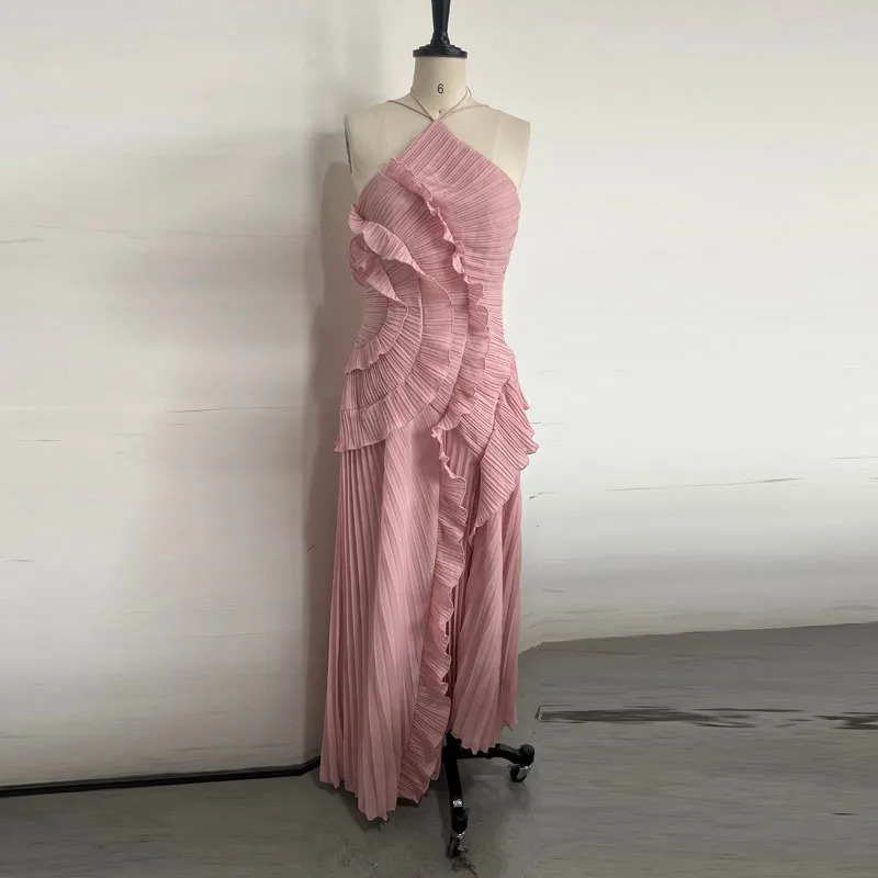 Elegant Neck Strap Ruffles Evening Gown Solid Folds A Line Lace Up Backless Sexy Party Dress 2025 Party Vacation Y2k Robe 260122