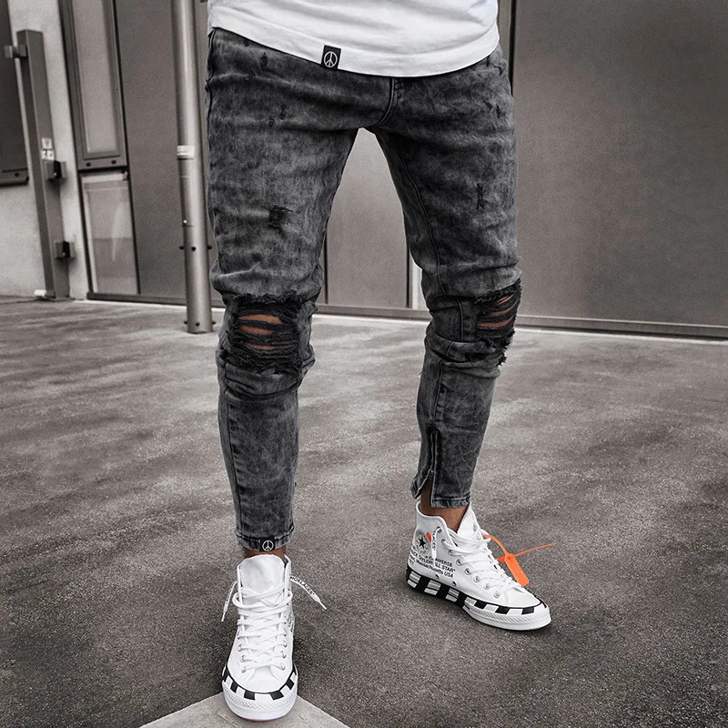 Men European American Style High Street Ripped Hip Hop Stylish Skinny Jeans High Quality Holes Casual Cotton Pencil Denim Pants 260122
