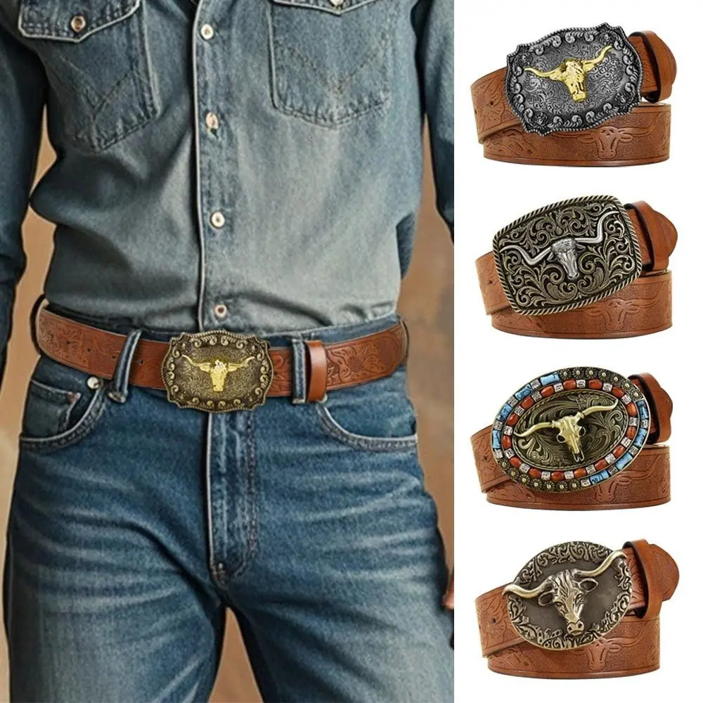 Fashion PU Leather Western Cowboy Belts Vintage Waistband Belts Floral Engraved Buckle Leather Belt Pants 260124