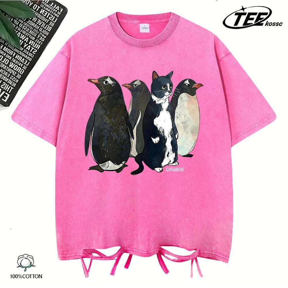 A Cow Cat Imitating Penguins Catmen Washed Holes T Shirt Summer Cotton Tee Loose O-Neck Clothing Fashion Unisex Vintage Top X260209